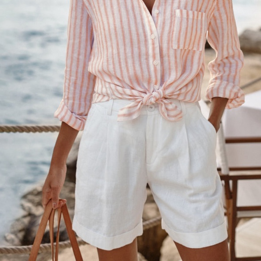 Garnet Hill High-Waist Linen Blend Pleated Shorts in White